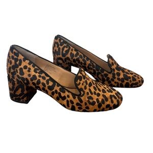 Banana Republic leather calf hair leopard animal smoking tan black block heels 6